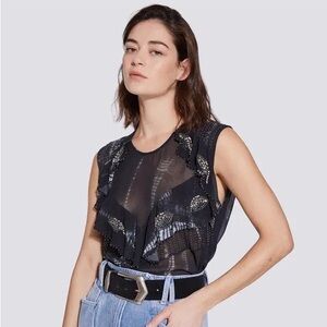 IRO Myosotis Black Beaded Embellished Sheer Ruffle Top Womens 38 or medium